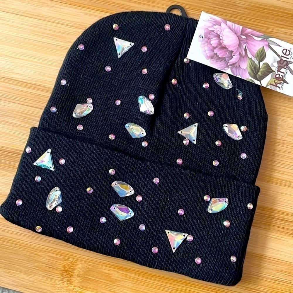 Brand New Kensie Black Knit Stretch Beanie Hat w/ Iridescent Jewel Beads & Studs